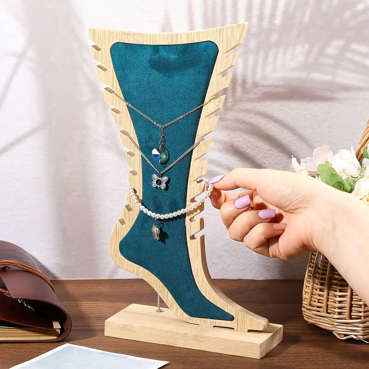 Bamboo & Wood Creative Anklet Jewelry Display Stand, Necklace & Bracelet Hanging Rack, Live Streaming & Window Display Holder