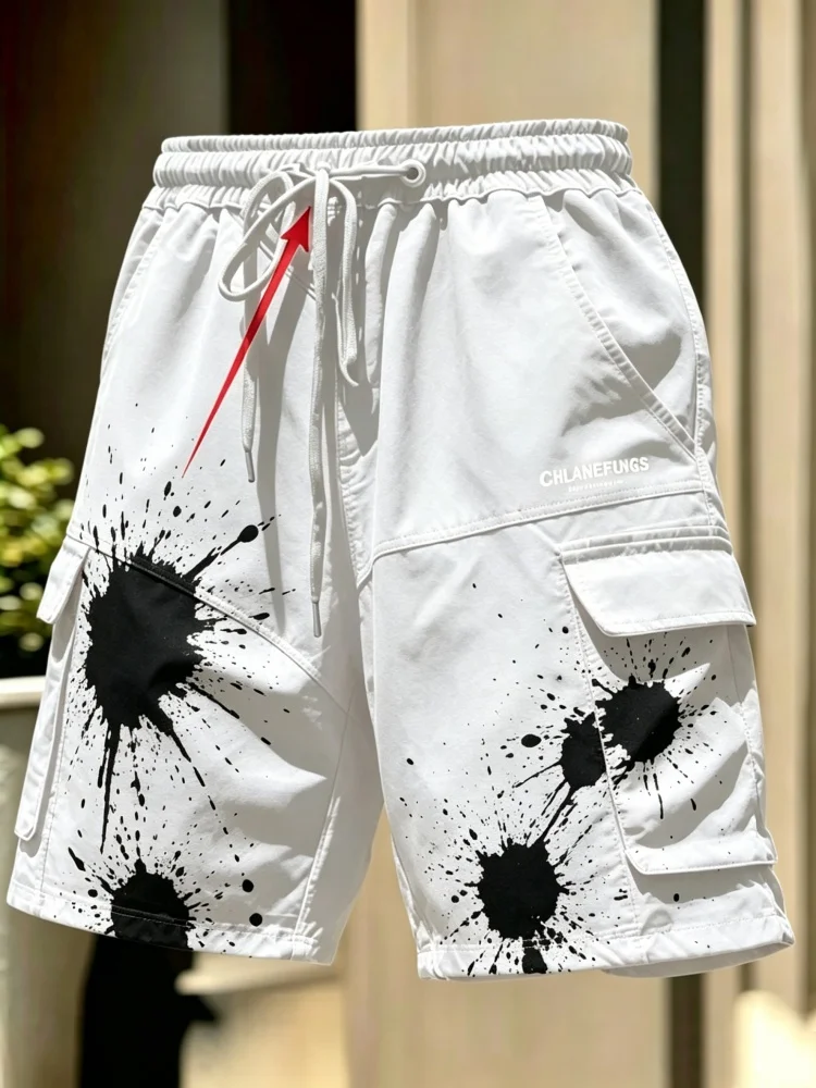 

Men White Black Ink Splash Splatter Print Multi Flap Pocket Cargo Shorts Elastic Drawstring Waist Streetwear Casual Shorts