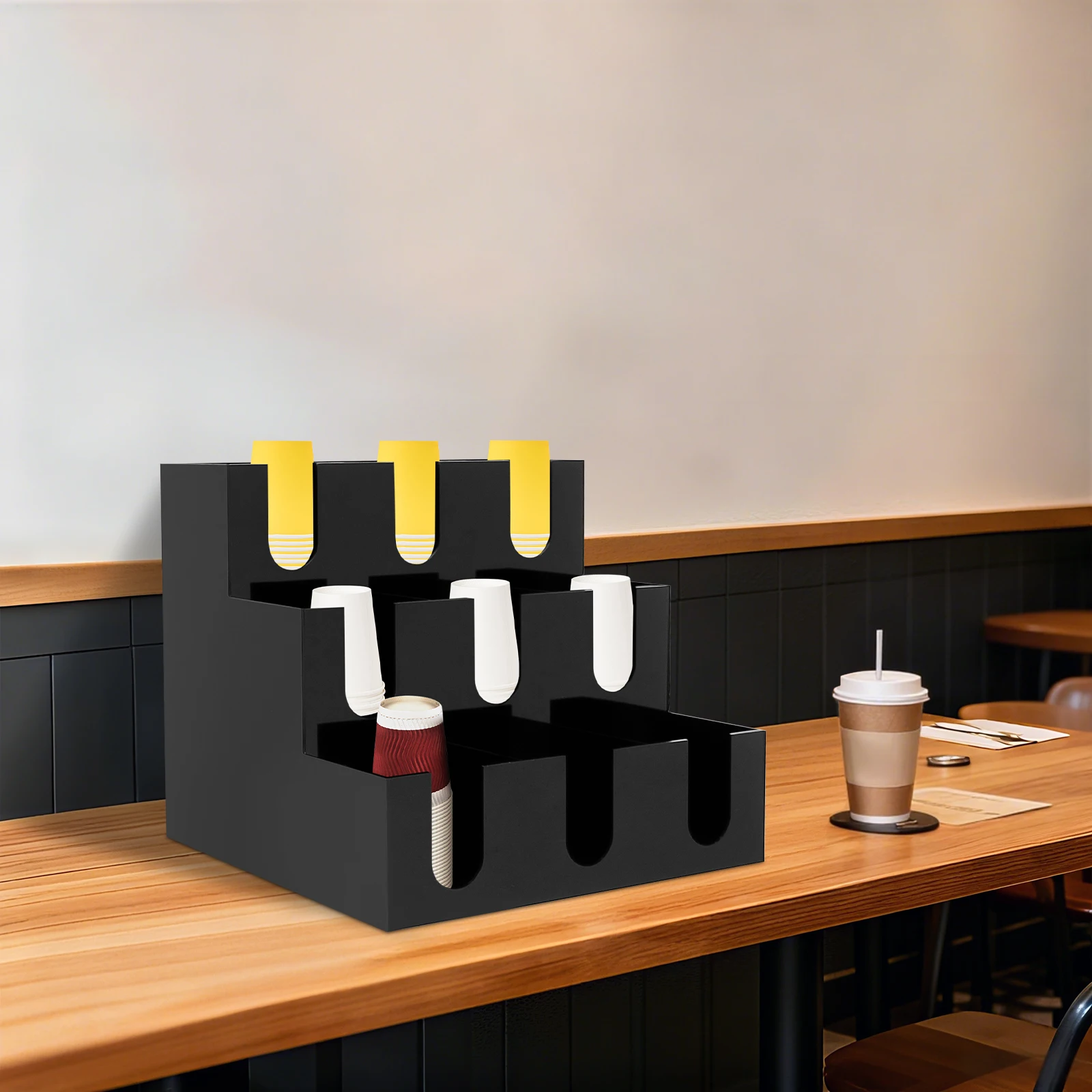 

9 Compartments Black Acylic Coffee Cup Holder Tabletop Counter Top Disposable Cups Organizer with Stable Base