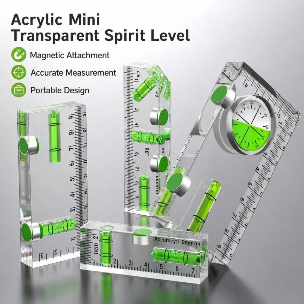 1PC Acrylic Mini Level Ruler Transparent Horizontal Vertical Spirit Level High Precision Magnetic Angle Measuring Tool