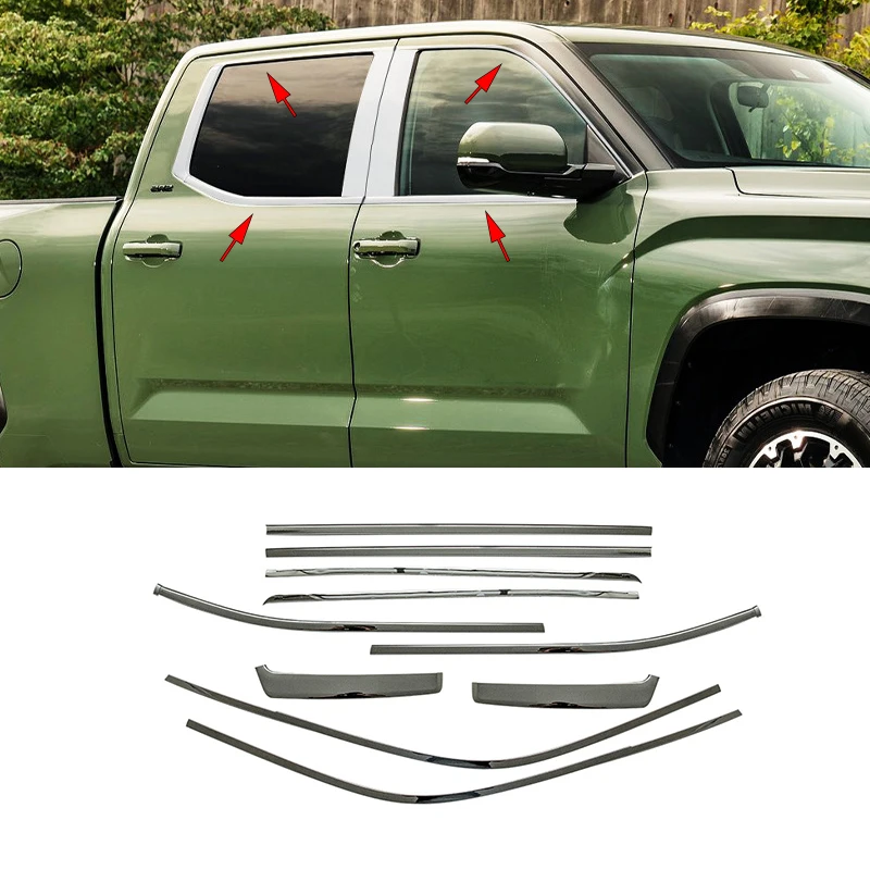 

Подходит для Toyota Tundra XK70 2022-2025, нержавеющая сталь, черный хром, внешняя полоса для литья окон, накладка на порог, боковая крышка