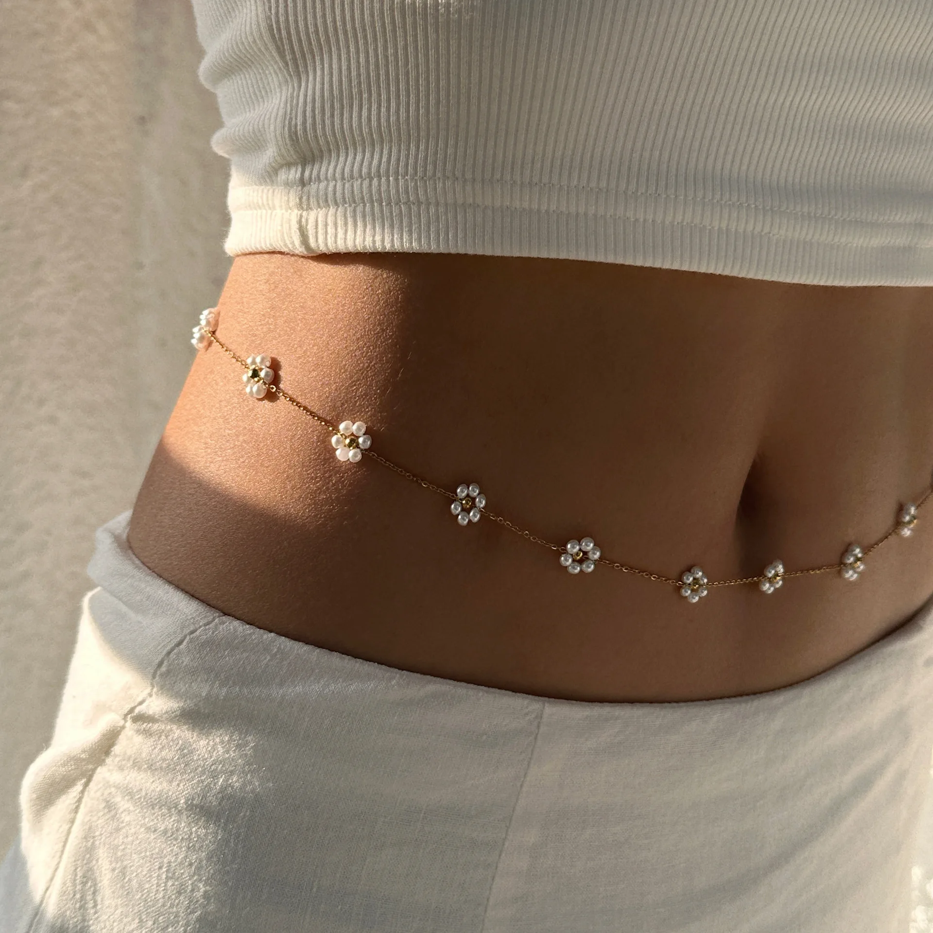 Punk Round White Flower Stainless Steel Waist Chain Trend Bohomia Rhinestone Belly Chain Women\'s Sexy Beach Bikini Body Jewelry