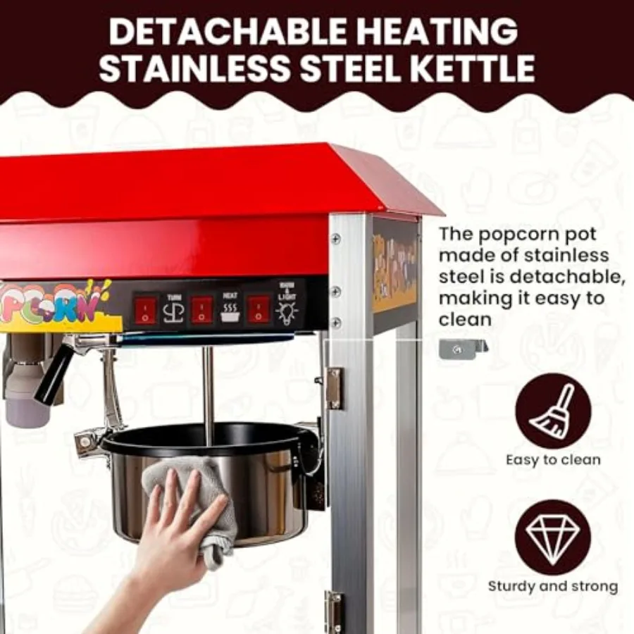 1300W Commercial Popcorn Machine 8 Oz Popcorn Maker for 48 Cups Movie Theater Popcorn Machine with 3-Switch Control Removable S