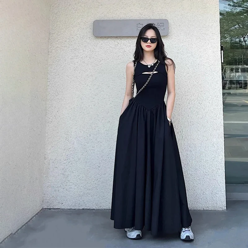 

Black Sleeveless Vest Dress Women Round Collar High Waist Slim French Vintage A-line Dresses Summer New Simple Ladies' Clothing