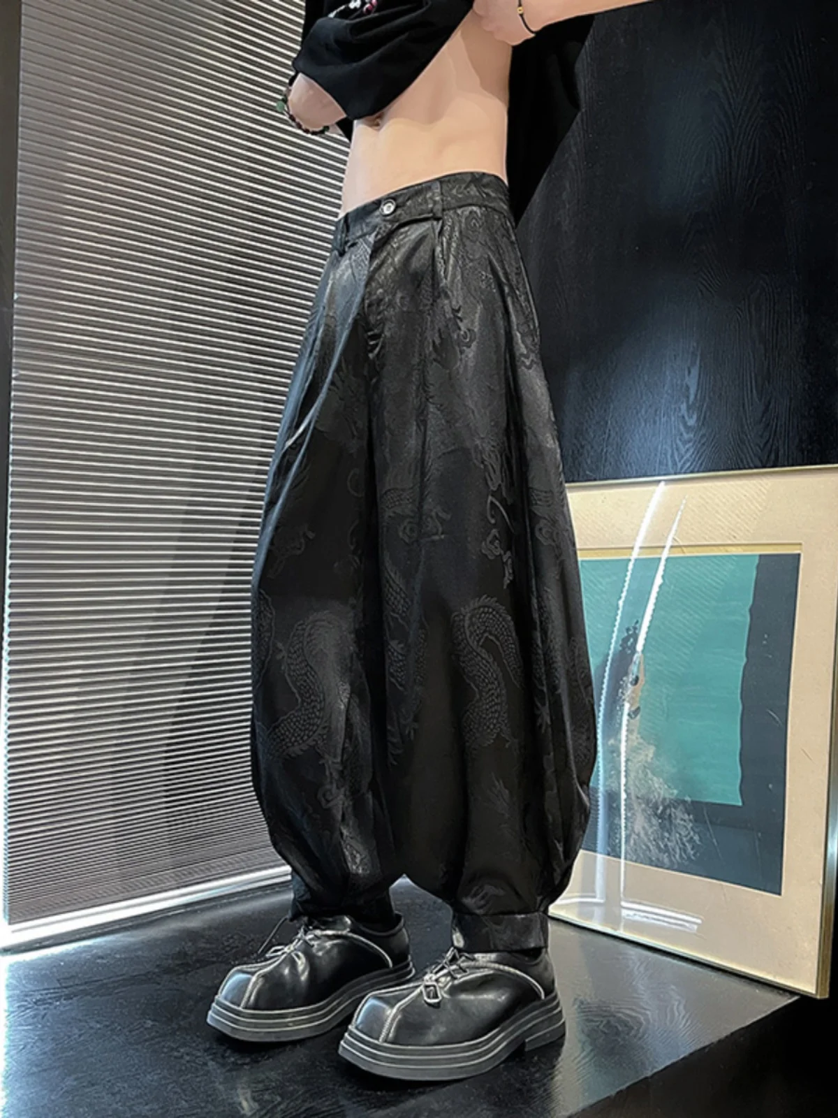 

Свободные мужские брюки из ледяного шелка с широкими штанинами, повседневные брюки с китайским узором дракона и вышивкой на манжетах, весна-лето, Bla Samurai