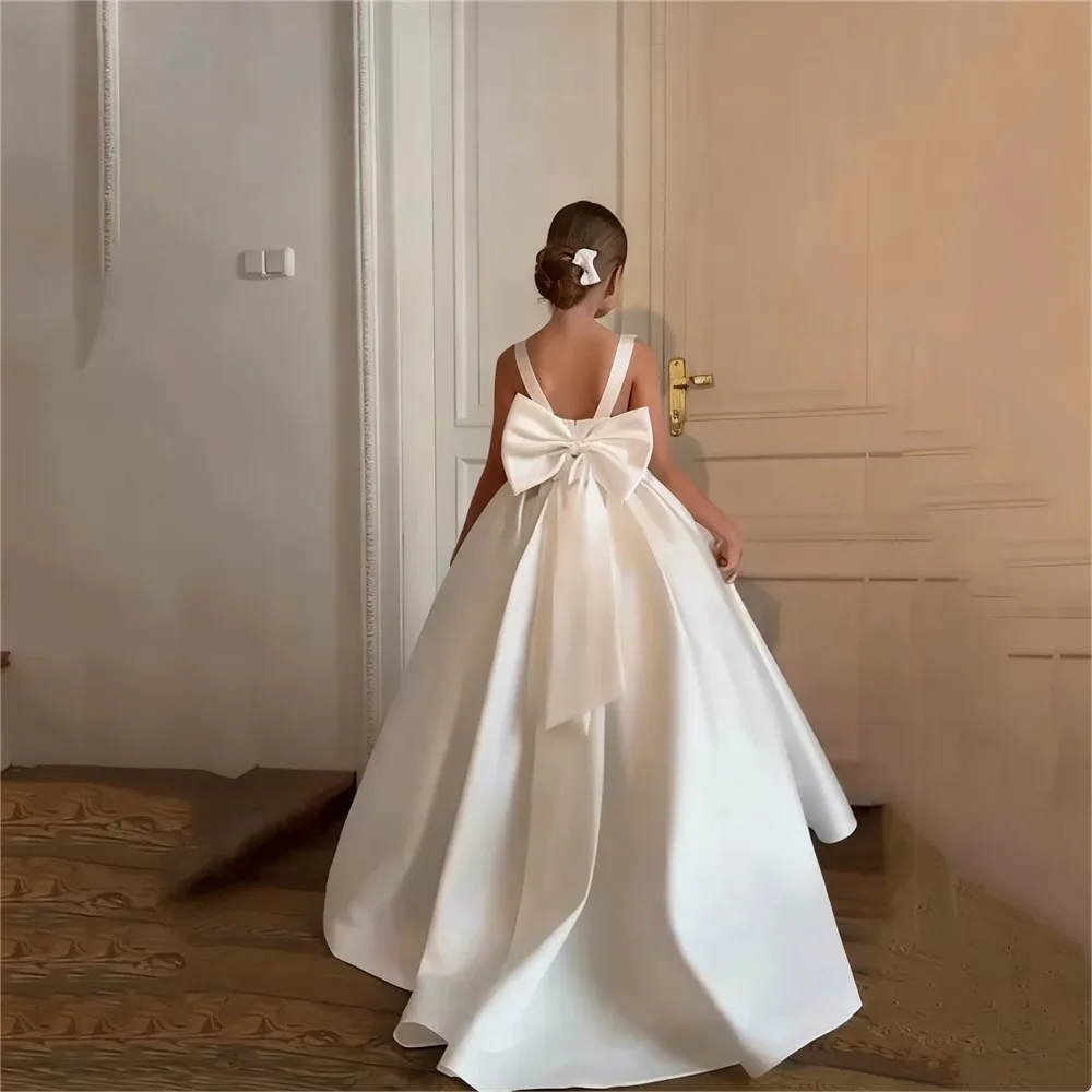 Elegant Flower Girl Wedding Dress Stain Sleeveless with Bow Child Kids First Communion Birthday Gown vestidos de novia comunión
