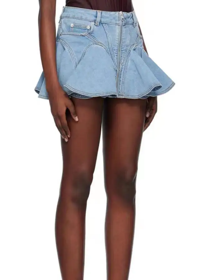 Street Sle Deconstructed f Rok Denim Patchwork Geplooide Rits aan de voorkant en Basisbroek Street Faion A-lijn