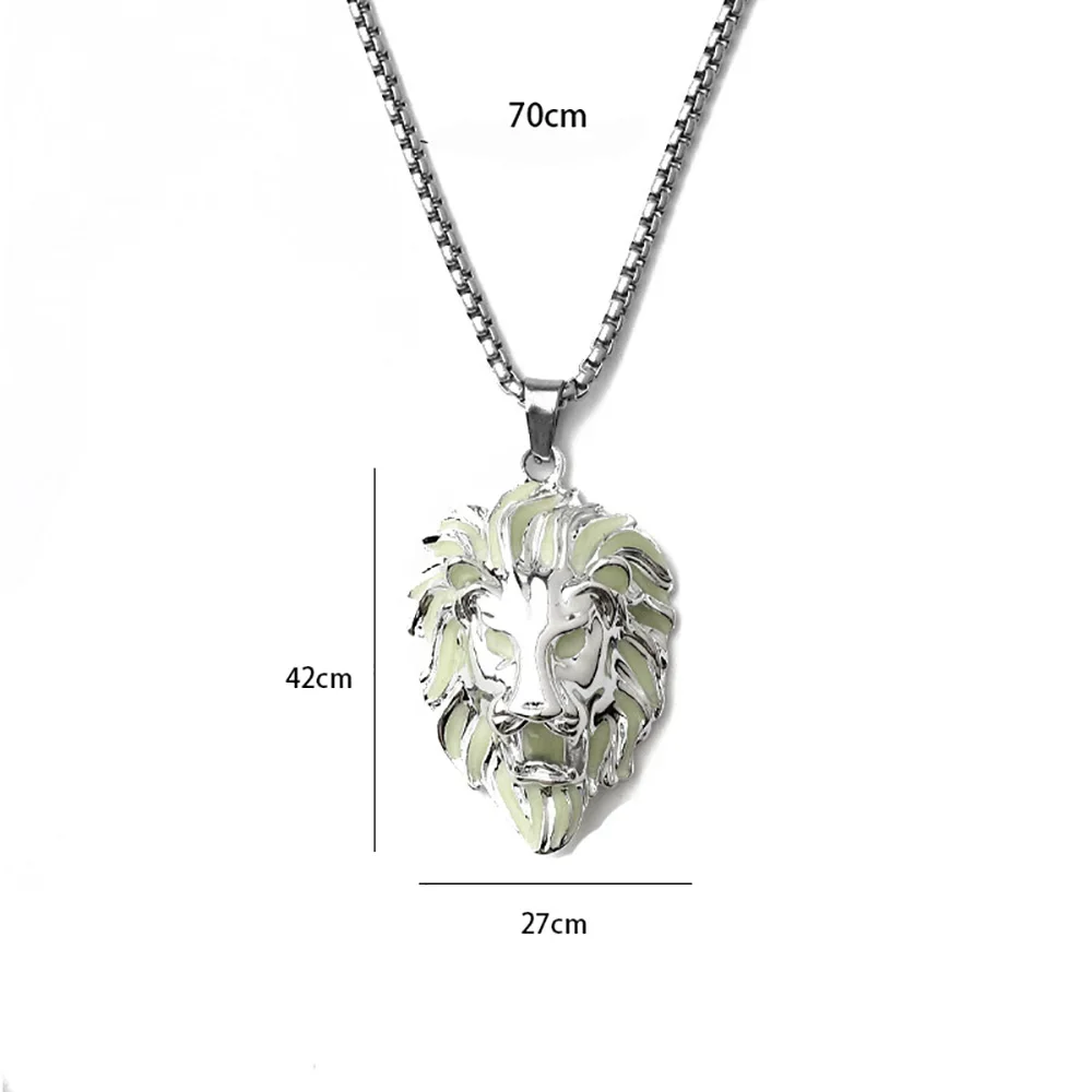 Personality Animal Lion Head Punk Luminous Glow In The Dark Lion Pendant Necklace with Stainless Steel Chain for Halloween Club