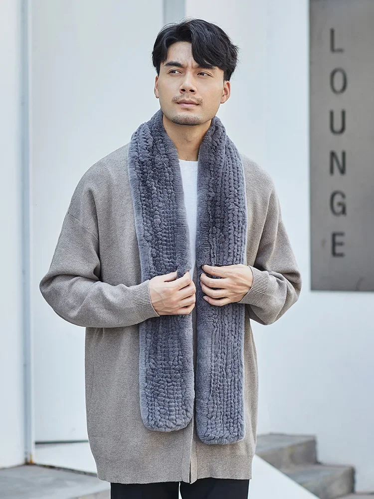 

Men's Real Rex Rabbit Fur Scarf Muffler Winter Warm Neckerchief Wraps Grey Black