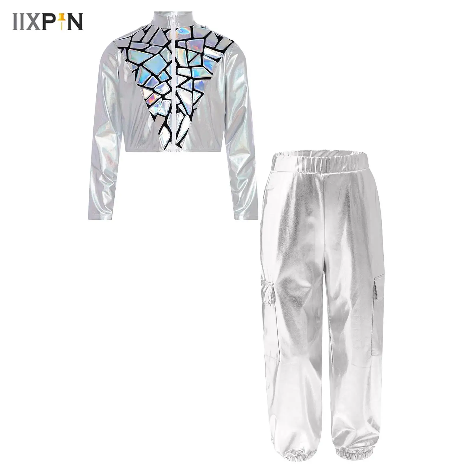 

Kids Boys Girls Hip-Hop Jazz Dance Outfit Stand Collar Long Sleeve Zipper Sparkling Sequins Metallic Cropped Jacket+Cargo Pants