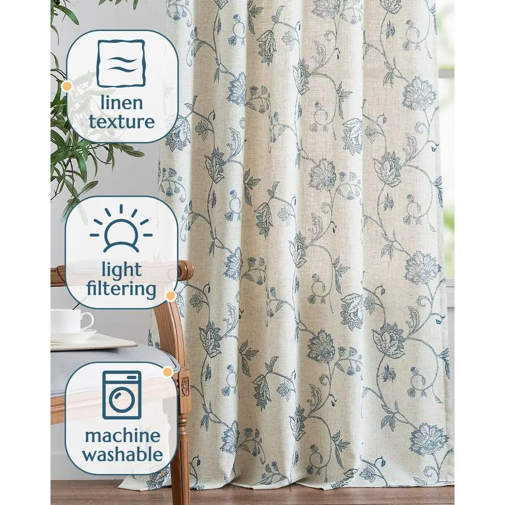 Blumen-Leinenvorhänge, 84 Länge, Lichtfilterung, Rutentasche und Rückenlehne, 2er-Set mit blauen Paneelen für Wohnzimmer und Schlafzimmer