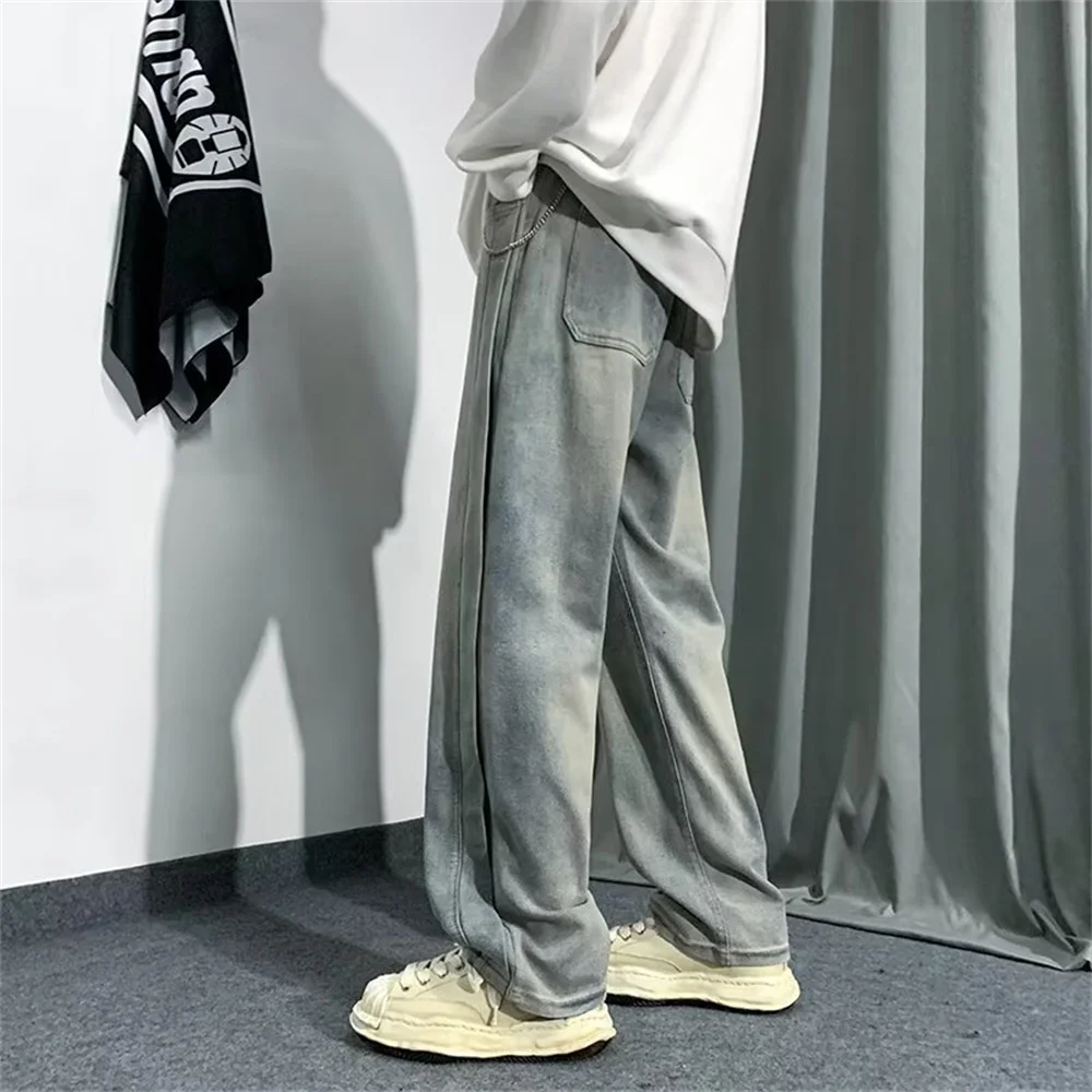 Loose Jeans Mens Floor Dragging Trousers Light Color Straight Tube Washed Retro Made Trendy Brand Youth PANTS Wide Leg