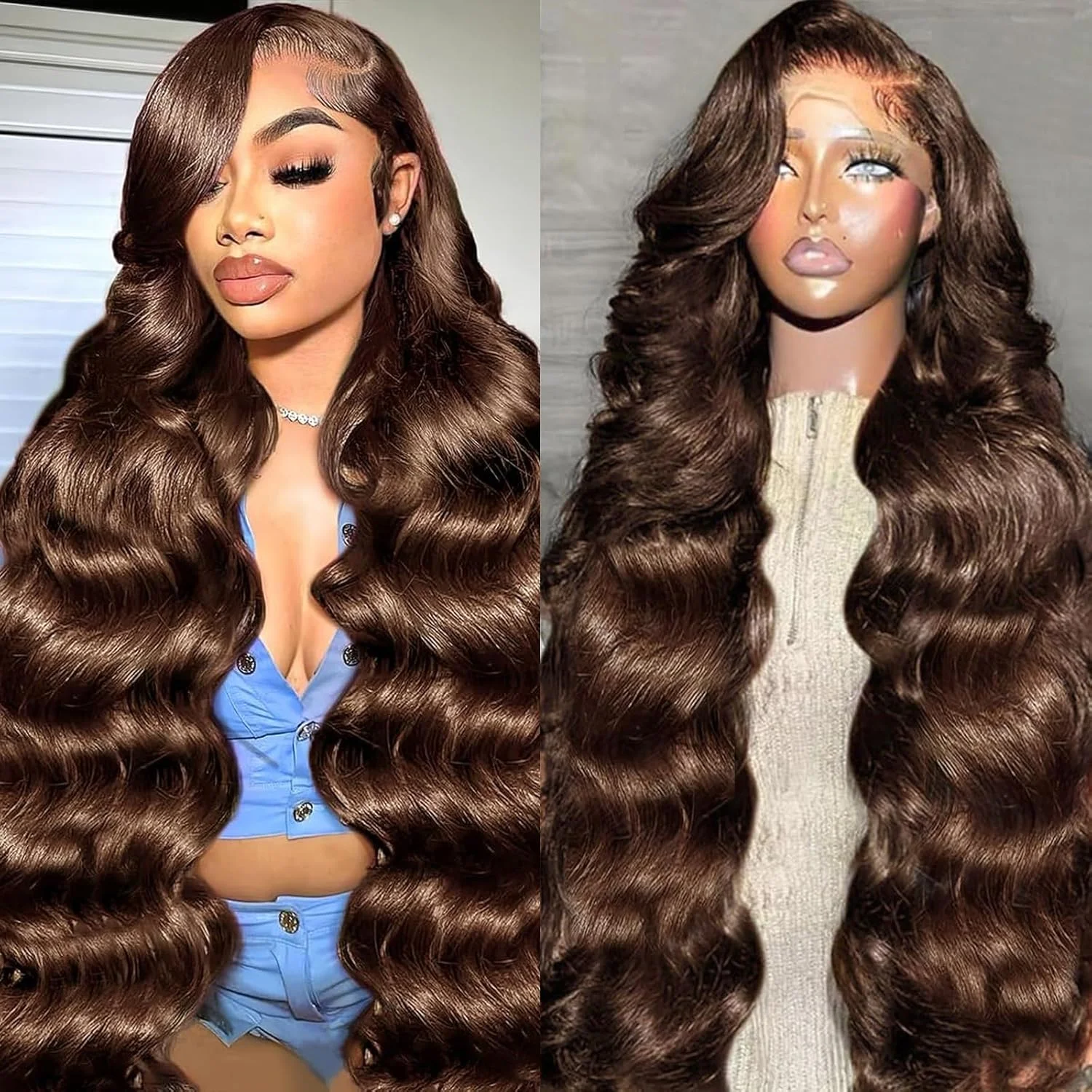 

46-дюймовая объемная волна # 4 шоколадно-коричневых 13x6 HD кружевных фронтальных парика # 4-цветные шоколадно-коричневые парики из натуральных волос для женщин