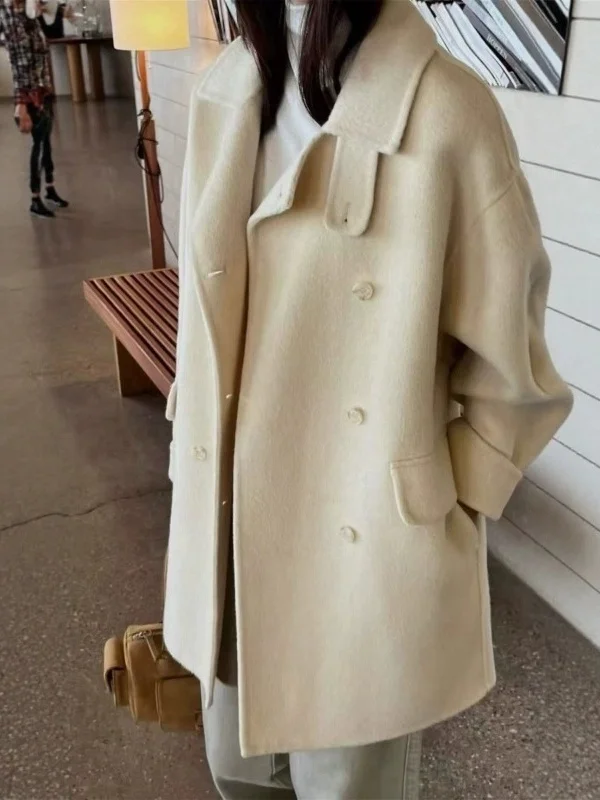 

Элегантное винтажное двубортное шерстяное пальто миди для женщин: модный корейский тренд, высококачественный полиэстер, длинный рукав