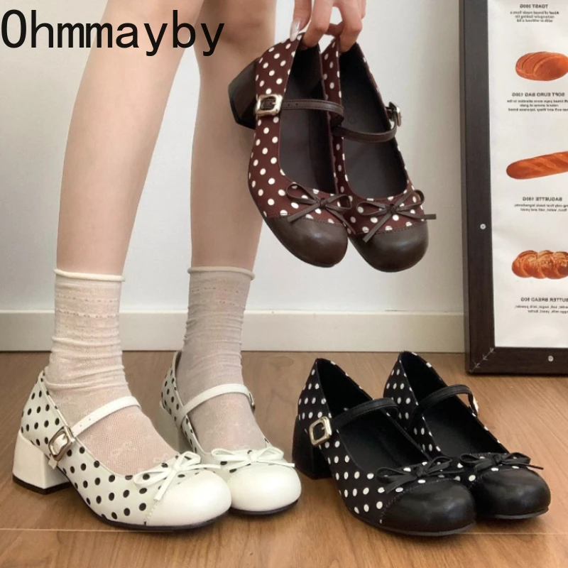 

Весенние женские туфли Мэри Джейн на толстом каблуке с принтом в горошек, дизайнерские туфли-лодочки с ремешком и пряжкой, элегантные туфли с бантом-бабочкой для торжественных случаев