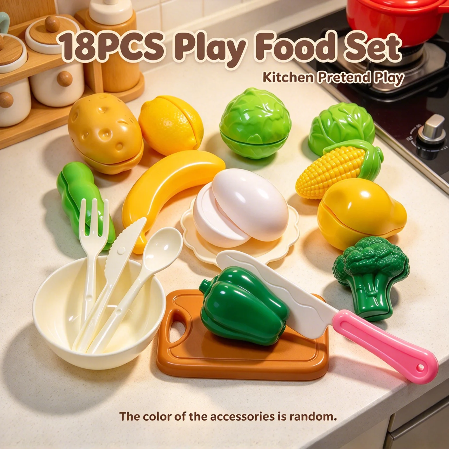 18 items, kitchen toys, food-cutting toys, toy food sets, Halloween/Christmas gifts (color of accessories is random)