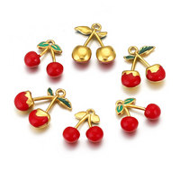 5pcs/lot Stainless Steel Cherry Charm Enamel Gold-plated for DIY Necklace Earring Jewelry Making Accessories Materials Wholesale