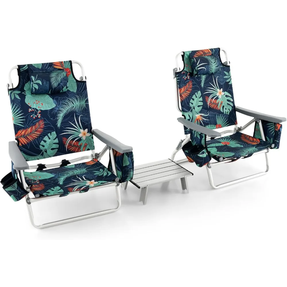 

Beach Chair, Folding Backpack Beach Chairs for Adults with 5 Positions, Head Pillow, Cooler Bag, Towel Bar, Cup Holders, Sunbath