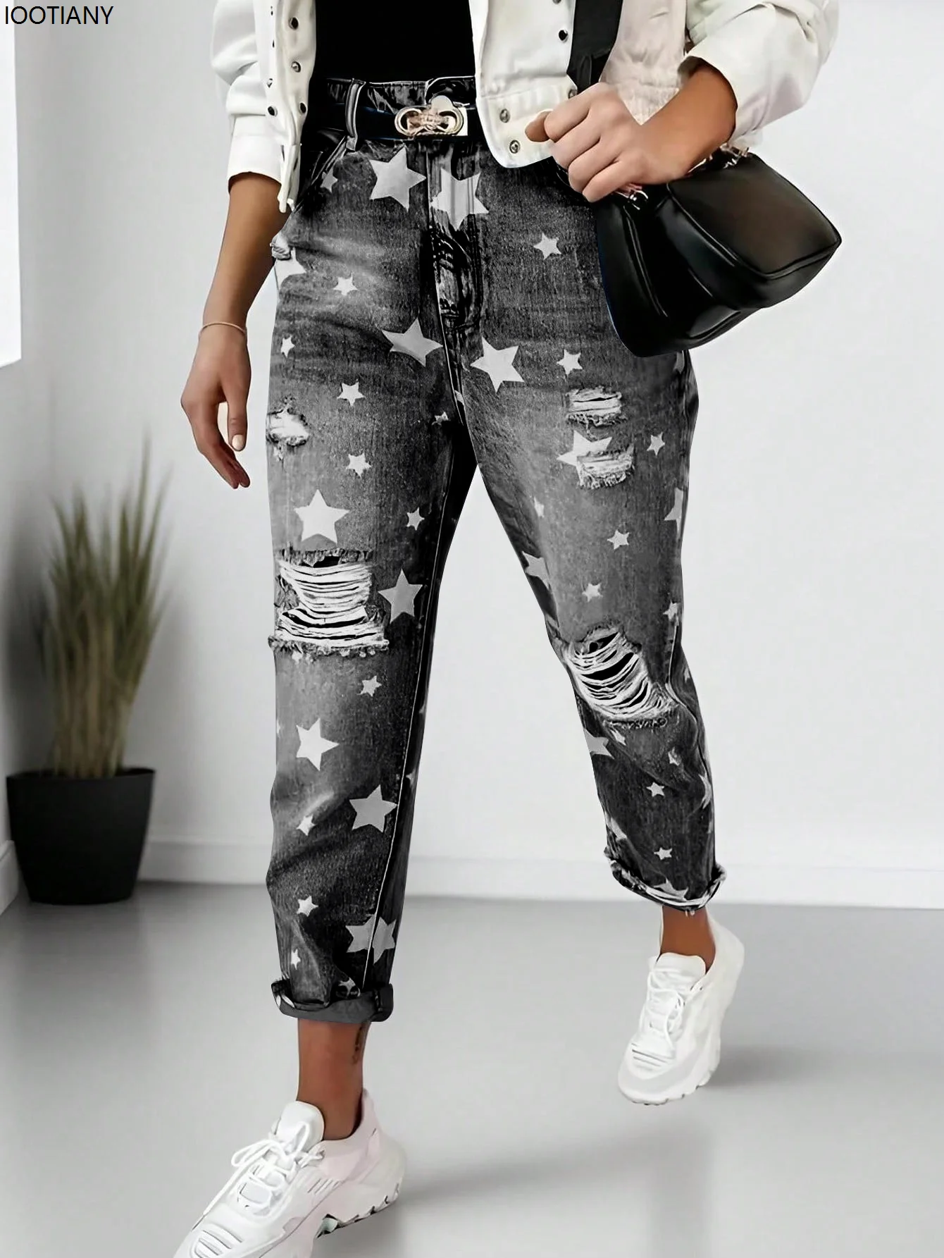 Yeni Erkek Arkadaşı Kot Kadın Slim Fit Yırtık Kot Moda Kadın Beş Köşeli Yıldız Yırtık Kot Sokak Rahat Mavi Kot 2025