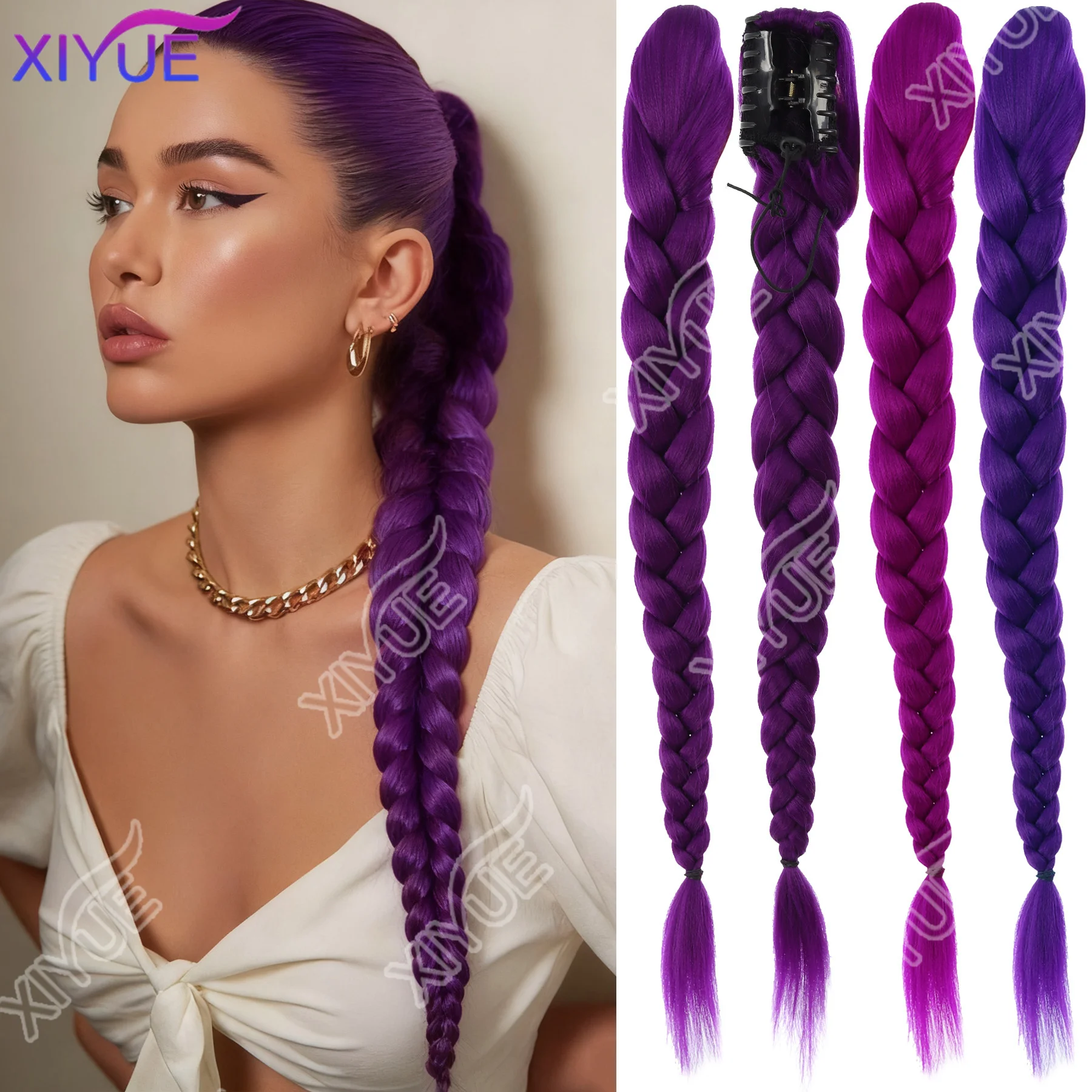 

XIYUE synthetic 28inch Long Braided Purple Hair Ponytail Extensions Hairstyle Claw Clip Hair Wig for woman for Party Hair