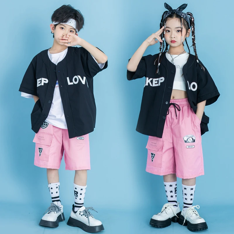 Kids Street Wear Hip Hop Clothing Balck Cardigan Baseball Shirt Tops Pink Cargo Shorts for Girl Boy Jazz Dance Costume Clothes