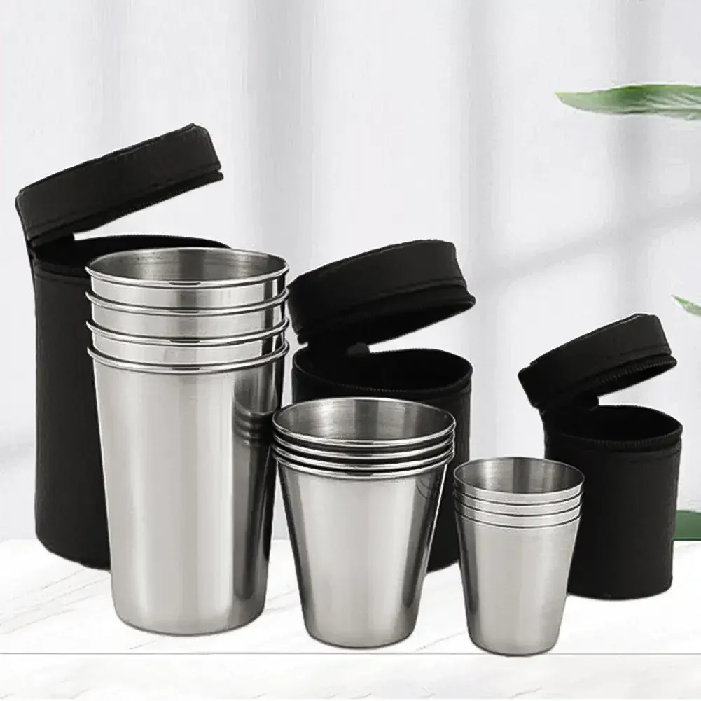 4Pcs Stainless Steel Water Glass With Black Leather Carrying Case Outdoor Camping Practical Travel Whiskey WineGlass 30/70/160ml