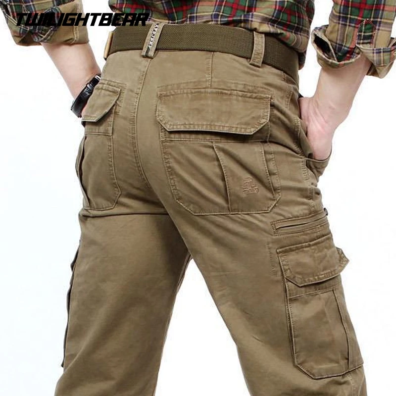 Calças cargo masculinas de algodão puro com vários bolsos, calças casuais sólidas de grandes dimensões, roupas masculinas de alta qualidade 30-48