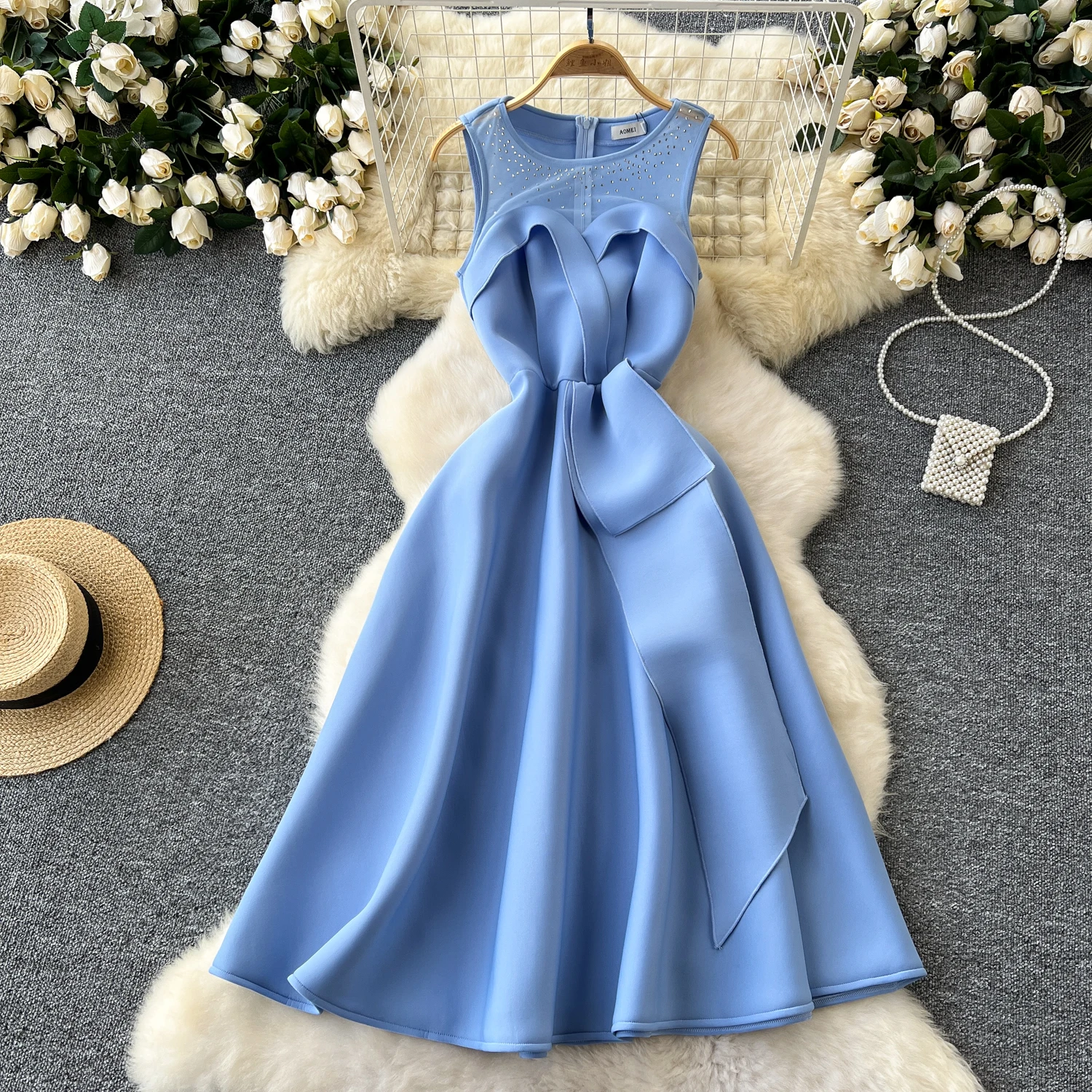 

European Fashion Casual Sexy Perspective Dresses Hot Diamond Mesh Dress Splicing Ribbon Waist Big Swing Dress For Women