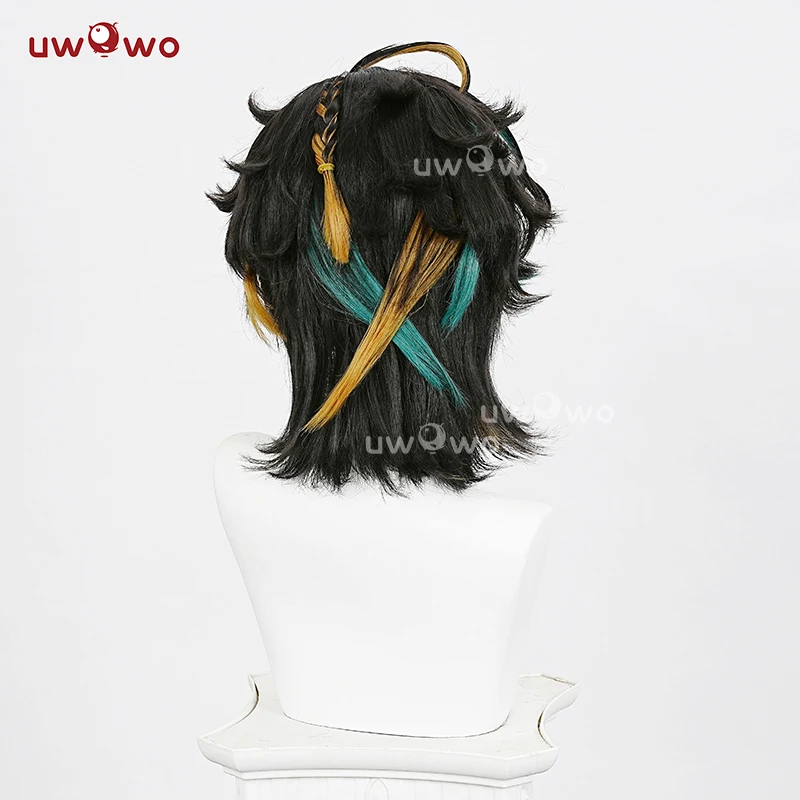 UWOWO Kinich Wig Game Genshin Impact Kinich Cosplay Wig Black highlight yellow green Hair Short Hair Halloween Wig