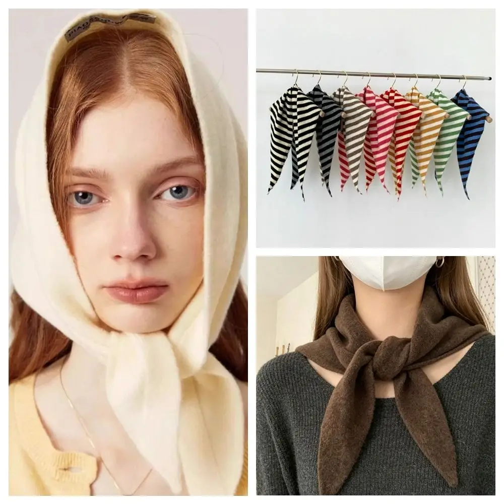 Fashion Solid Color Knitted Triangle Scarf Striped Wool Cross Scarves Neck Wraps Shawl False Collar Women