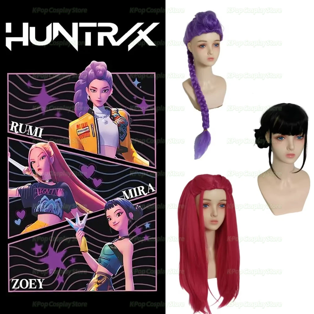

KPop Demon Hunters Mira Cosplay Wig Rose Red Long Straight Hair Zoe Black Braid Rumi Purple Braid New Wig