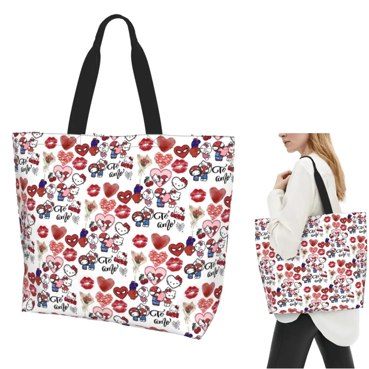 

Hello Kitty Spiderman Shopping Tote Bag Canvas Large Capacity Shoulder Bags Shopper Grocery Handbag for Women