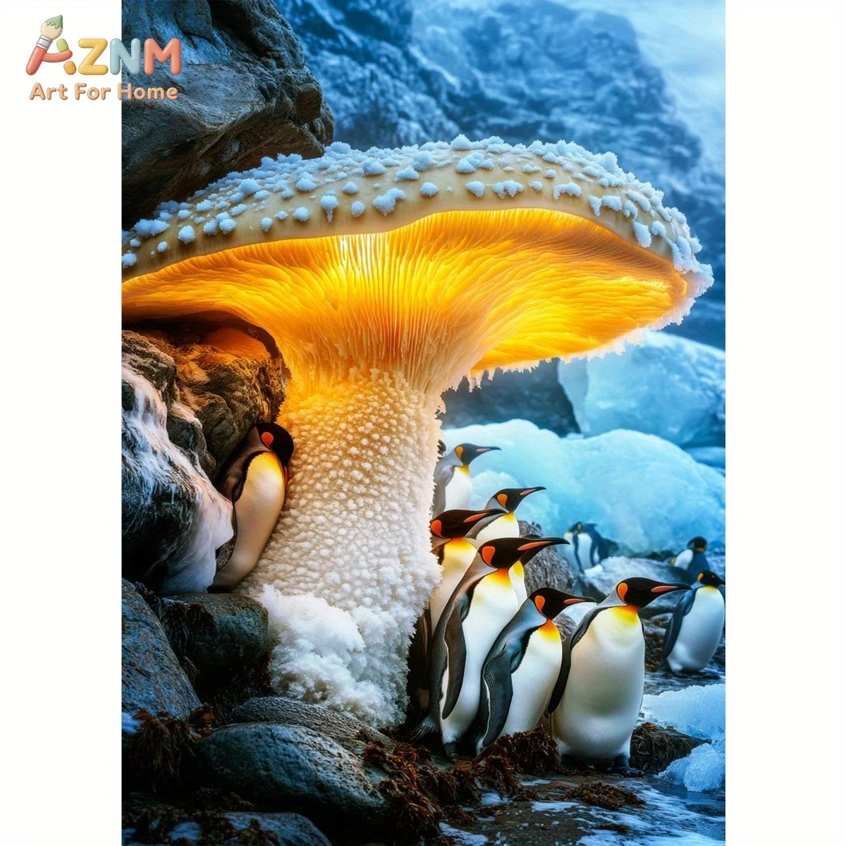 AZNM Unframed Canvas Print Glowing Mushroom Penguin Wall Art Magical Arctic Nature Home Decor Poster