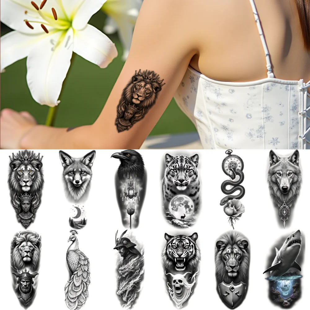 

12pcs Temporary Tattoo Waterproof Long-lasting Body Stickers Eagle In Storm Tiger And Skull Shark With Compass For Arm Male