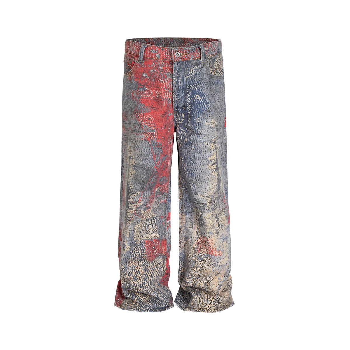 Vintage Distressed Wshed Baggy Ripped Red Patchwork Baggy Jeans for Men Streetwear Straight Frayed Casual Denim Trousers