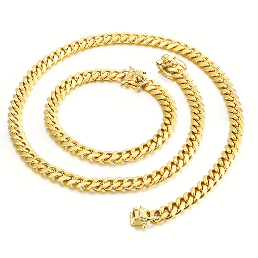 

2pcs Thick 18K Golden Plated Cuban Link Chains Bracelet Necklace For Boy Teenager 8MM Stainless Steel Cut Hip Hop Jewelry Set