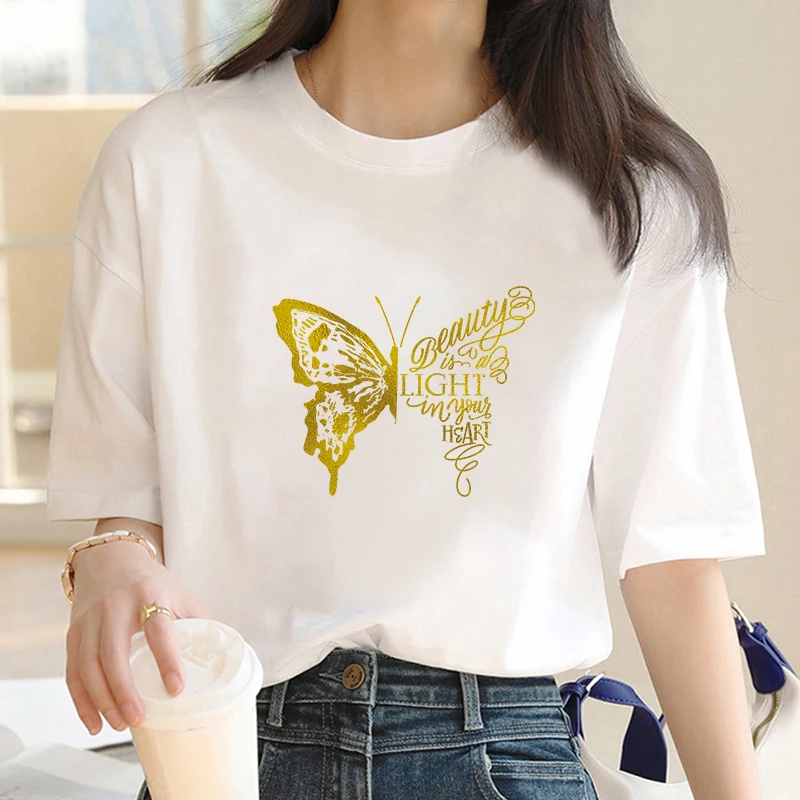 Golden ButterflyFor Women's High-Quality Summer Printing T-shirt 100% Cotton Casual Oversized Y2k 2023 Personality Sleeve O-neck