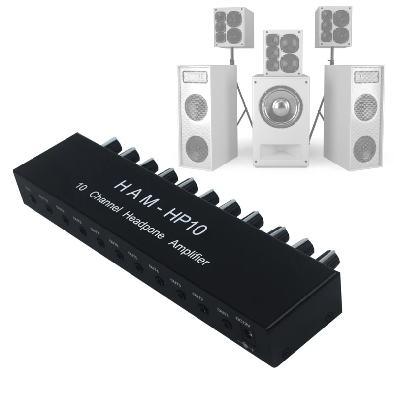 10 Channel Headphone Amplifier,HAM HP10 Stereo Splitter with Independent Volumes Control, Aluminum Housing DC12V Power