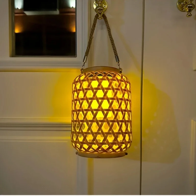 1PC Solar Imitatie Bamboe Lantaarn Outdoor Waterdichte Plastic Rotan Lantaarn Binnenplaats Decoratie Tuin Licht