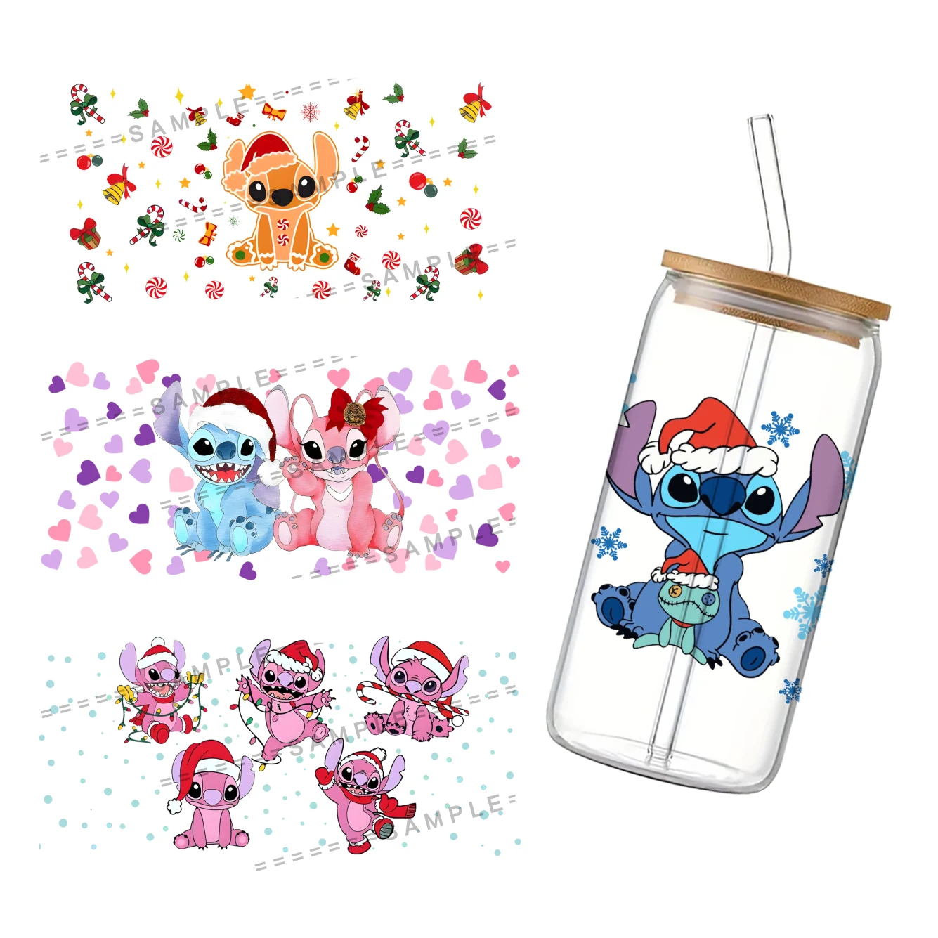 Christmas Theme Stitch DIY Waterproof High Temperature Resistance Custom Decals Easy To Use 16oz Cup UV DTF Transfer Sticker