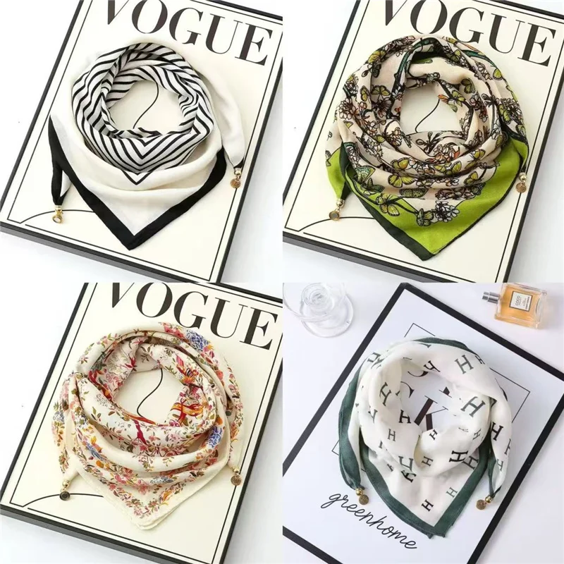 

New Adult Triangular Scarf Summer Scarf Magnetic Buckle Silk Triangular Scarf Women Fashionable Hijab Foulard Femme Women Luxury