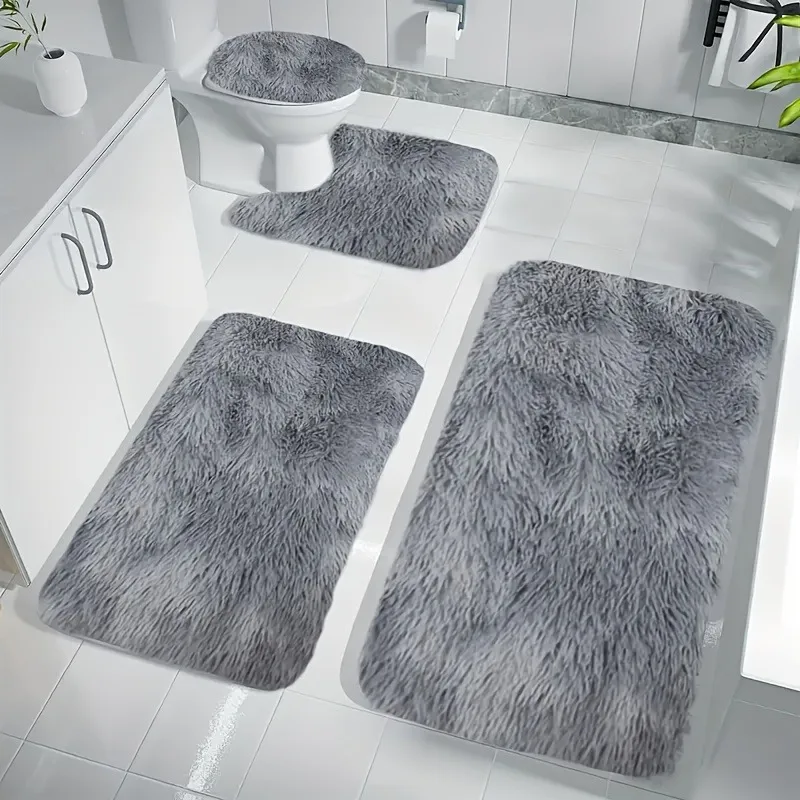 Plush Bathroom Non Slip Mat Water Absorbent Shower Rug Household 4pcs Mat Set