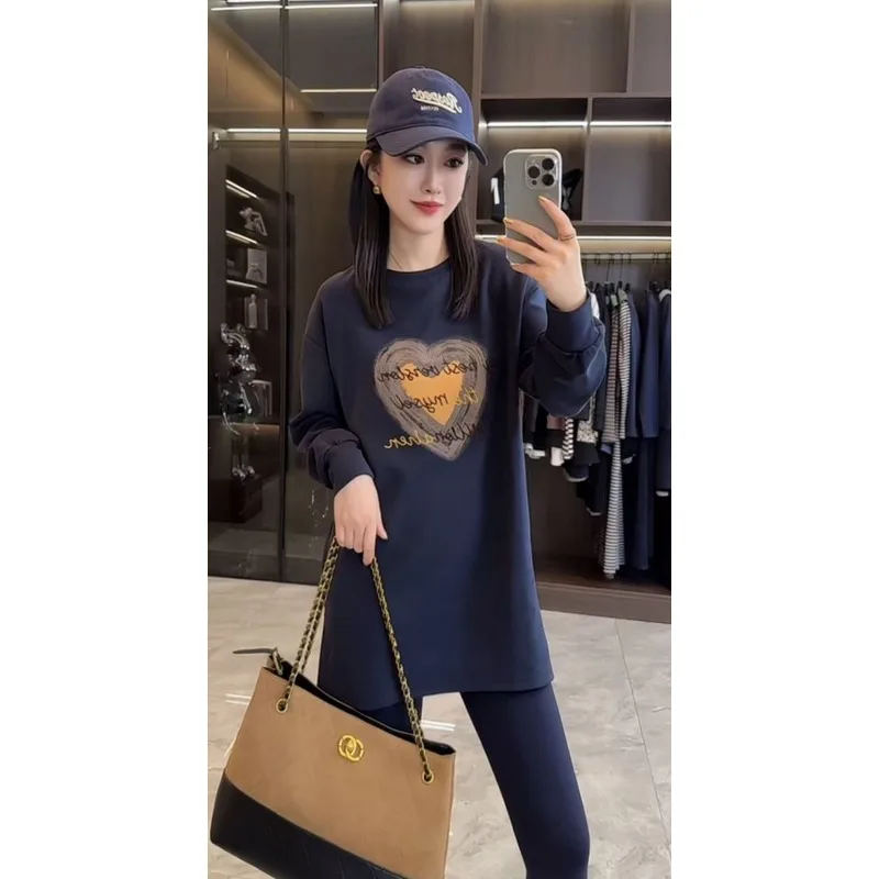 

Новинка 2023 года, осенняя женская толстовка средней длины с круглым вырезом, модный свободный повседневный топ с длинными рукавами и принтом