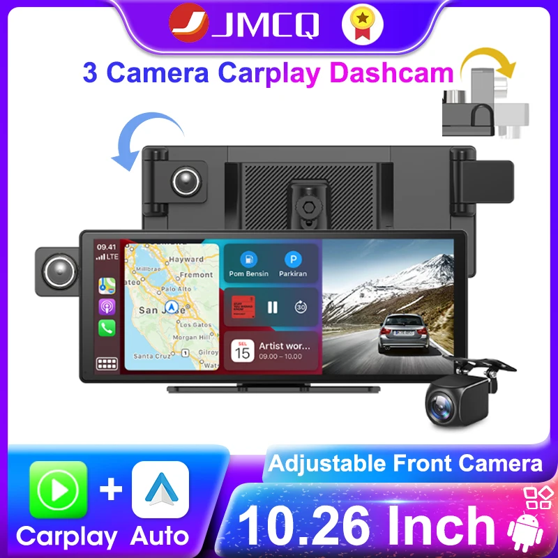 

JMCQ 10.26 " Adjustable 2 Front Lens Dash Camera Car DVR Wireless Carplay & Android WiFi Bluetooth Multimedia Player Recorder