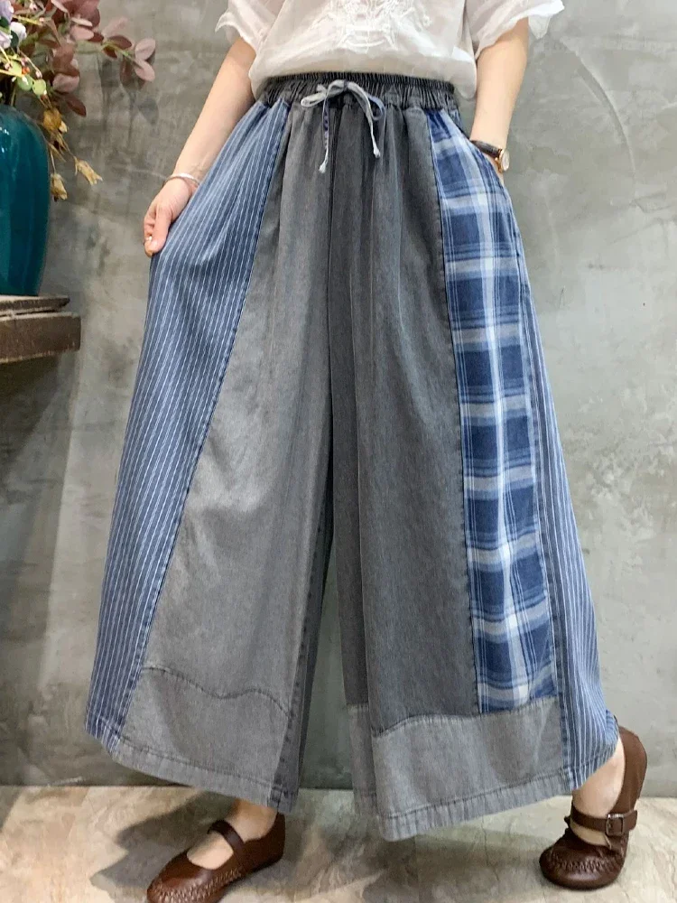 Max LuLu Jesienna moda Plus Size Spodnie jeansowe Womens Plaid Classic Vintage Jeans Ladies Striped Leisure Loose Wide Leg Trousers