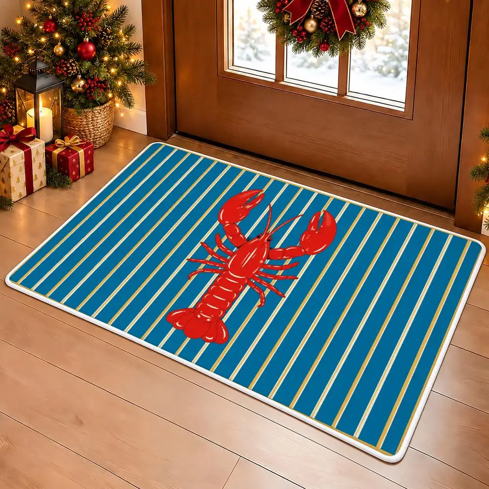 Coastal Lobster Nautical Floor Mat Soft Non Slip Flannel Door Mat for Bathroom Kitchen Bedroom Home Decor