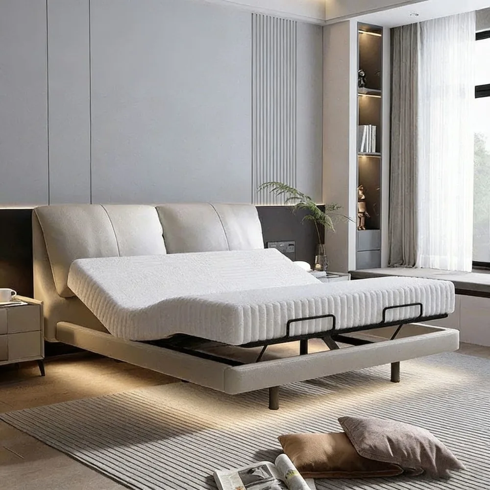 Cama Eléctrica Inteligente con Diseño Flotante, Moderna y Lujosa, con Estructura de Cuero Genuino, Ajustable y Elevable, Tamaño King para Recámara Principal