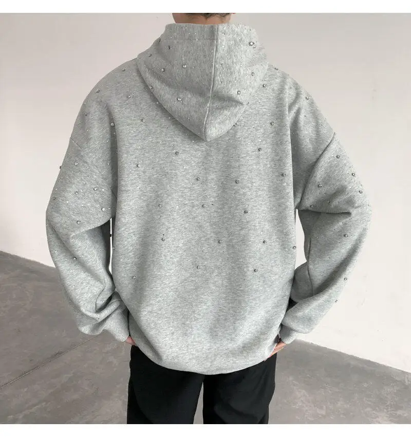 Sweater Hoodie Pria Musim Dingin Bertabur Rhinestone, Model Longgar Kasual dan Stylish