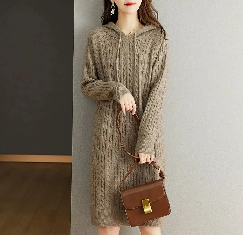 

Женские пуловеры-свитера, уличная одежда, повседневное свободное винтажное универсальное трикотажное платье с капюшоном длиной до колена