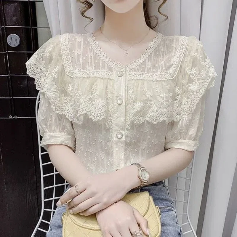 

Temperament Lace Ruffle Edge Tops Tees Summer New V Neck Solid Color Thin Loose Elegant T Shirts Fashion Sweet Women Clothing